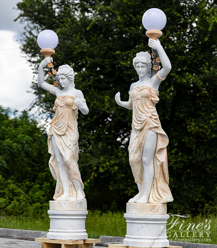 Marble Statues  - Figural Female Marble Lamp Post Pair - MS-1383